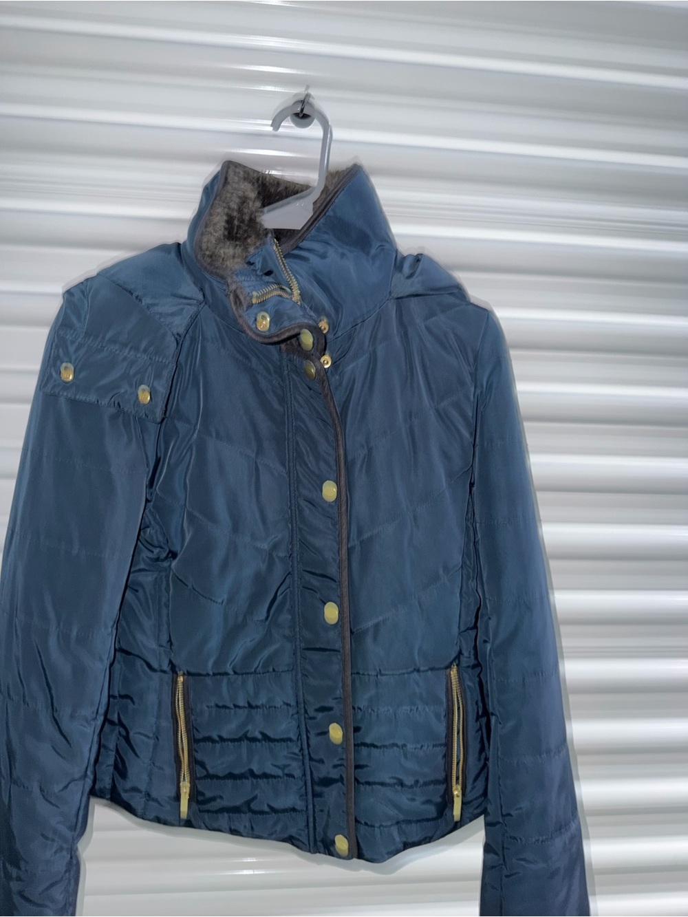 H&M Slate Blue Quilted Puffer Jacket with Faux-Fur Collar